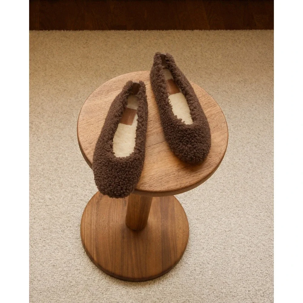 New Flattered Nina Faux Teddy Flat Brown Faux Fur Ballet Shoes EU 41 US 10.5